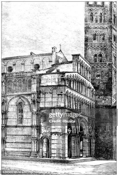 antique illustration: st. martin's cathedral, lucca - tuscany stock illustrations