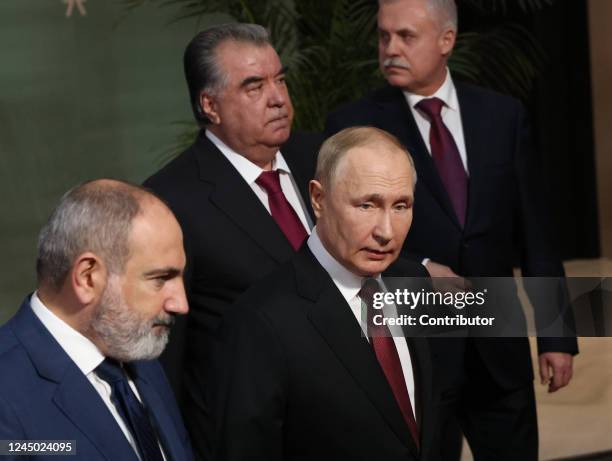 Armenian Prime Minister Nikol Pashinyan, Tajik President Emomali Rakhmon, Russian President Vladimir Putin and SCTO Secretary-General Stanislav Zas...