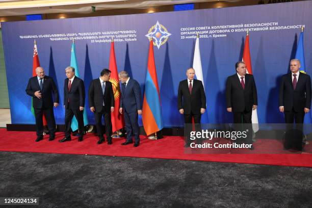 Belarussian President Alexander Lukashenko, Kazakh President Kassym-Jomart Tokayev, Kyrgyz President Sadyr Japarov, Russian President Vladimir Putin,...