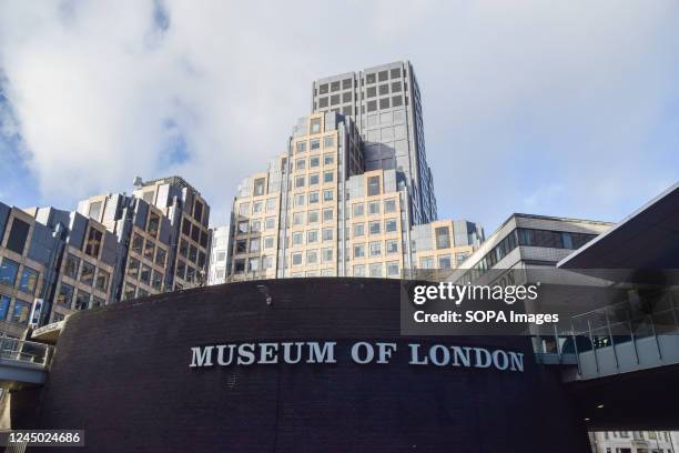 General view of the Museum of London sign and adjacent office buildings. The Museum of London will close in December 2022 as it prepares to move from...