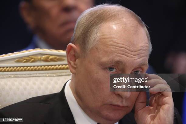 Russian President Vladimir Putin grimases during the SCTO Summit on November 23, 2022 in Yerevan, Armenia. Leaders of Russia, Armenia, Belarus,...