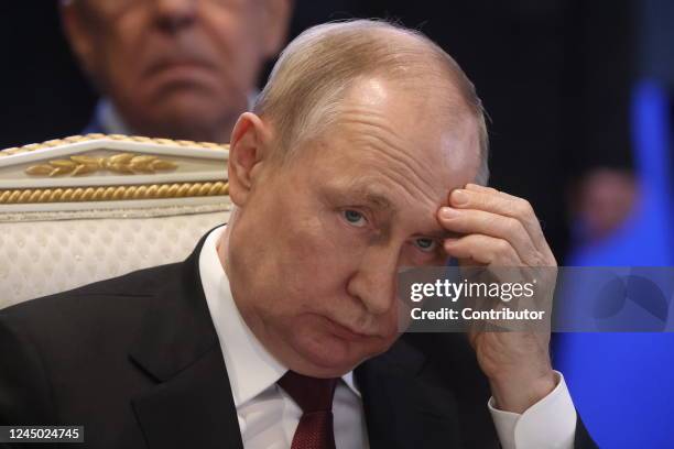 Russian President Vladimir Putin grimaces during the SCTO Summit on November 23 in Yerevan, Armenia. Leaders of Russia, Armenia, Belarus, Kazakhstan,...