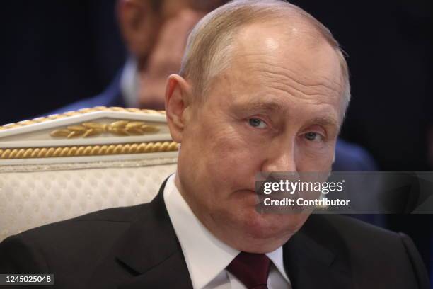 Russian President Vladimir Putin grimases during the SCTO Summit on November 23 in Yerevan, Armenia. Leaders of Russia, Armenia, Belarus, Kazakhstan,...