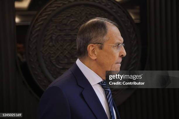 Russian Foreign Minister Sergei Lavrov seen during the SCTO Summit, on November 23, 2022 in Yerevan, Armenia. Leaders of Russia, Armenia, Belarus,...