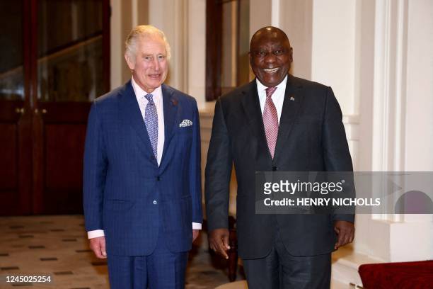 Britain's King Charles III poses for a photograph with South Africa's President Cyril Ramaphosa during a formal farewell at Buckingham Palace in...