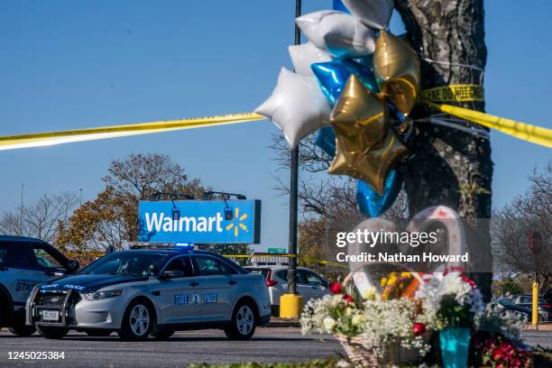 Memorial is seen at the site of a fatal shooting in a Walmart on November 23, 2022 in Chesapeake, Virginia. Following the Tuesday night shooting, six...