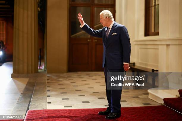 Britain's King Charles III gestures during a formal farewell at the end of the state visit, at Buckingham Palace on November 23, 2022 in London...