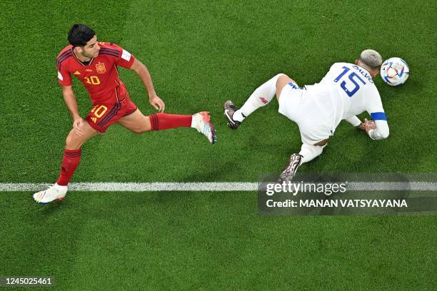 Spain's forward Marco Asensio controls the ball past Costa Rica's defender Francisco Calvo during the Qatar 2022 World Cup Group E football match...