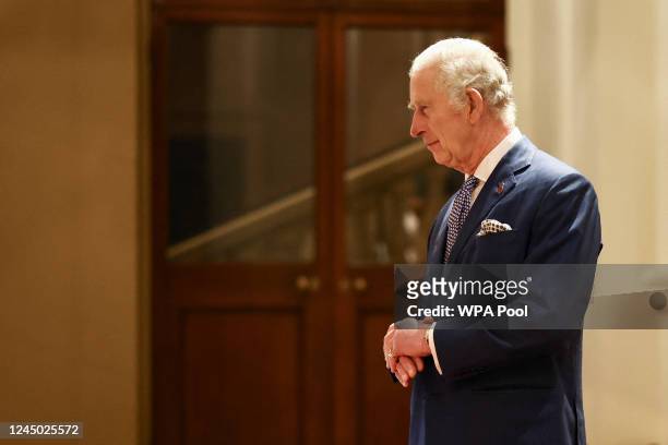 Britain's King Charles III seen during a formal farewell at the end of the state visit, at Buckingham Palace on November 23, 2022 in London England....