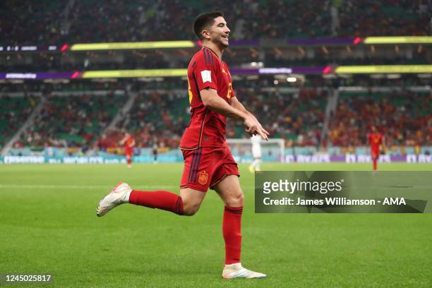 Carlos Soler of Spain celebrates after scoring a goal to make it 6-0 during the FIFA World Cup Qatar 2022 Group E match between Spain and Costa Rica...