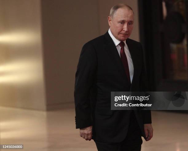 Russian President Vladimir Putin enters the hall during the SCTO Summit on November 23 in Yerevan, Armenia. Leaders of Russia, Armenia, Belarus,...