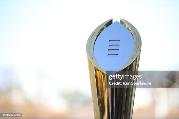 Trophy during the College Football Playoff press conference and media roundtable on November 19 at Banc of California Stadium in Los Angeles, CA.