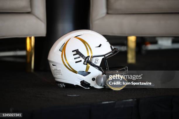 Logo helmet during the College Football Playoff press conference and media roundtable on November 19 at Banc of California Stadium in Los Angeles, CA.