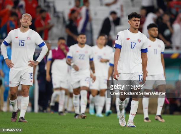 Francisco Calvo and Yeltsin Tejeda of Costa Rica are dispondent during the FIFA World Cup Qatar 2022 Group E match between Spain and Costa Rica at Al...