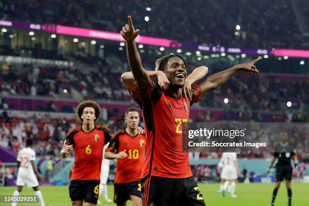Michy Batshuayi of Belgium celebrates 1-0 during the World Cup match between Belgium v Canada at the Ahmad Bin Ali Stadium on November 23, 2022 in Al...