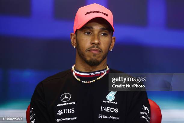 Lewis Hamilton of Mercedes during press conference of Formula 1 Abu Dhabi Grand Prix at Yas Marina Circuit on November 17, 2022 in Abu Dhabi, United...