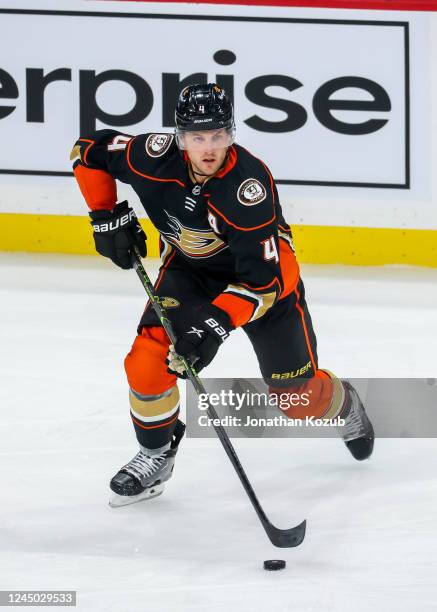 Cam Fowler of the Anaheim Ducks plays the puck during third period action against the Winnipeg Jets at Canada Life Centre on November 17, 2022 in...