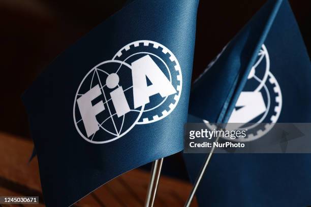 Flags are seen in the paddock before the Formula 1 Abu Dhabi Grand Prix at Yas Marina Circuit in Abu Dhabi, United Arab Emirates on November 17, 2022.