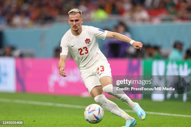 Liam Millar of Canada in action during the FIFA World Cup Qatar 2022 Group F match between Belgium and Canada at Ahmad Bin Ali Stadium on November...