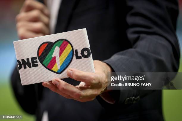 One Love bracelet pictured ahead of a soccer game between Belgium's national team the Red Devils and Canada, in Group F of the FIFA 2022 World Cup in...