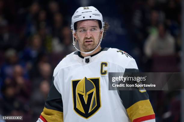 Vegas Golden Knights right wing Mark Stone waits for a face-off during their NHL game against the Vancouver Canucks at Rogers Arena on November 21,...