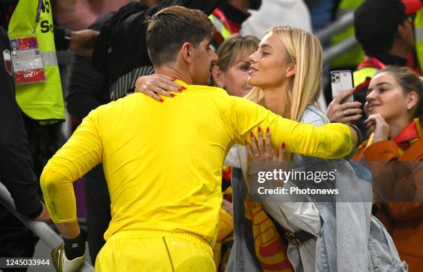 Courtois Thibaut goalkeeper of Belgium & his fiance Gerzig Mishel during the FIFA World Cup Qatar 2022 Groupe F match between Belgium and Canada at...