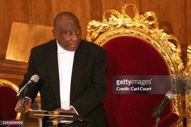 President of South Africa, Cyril Ramaphosa, makes a speech at the Guildhall on November 23, 2022 in London, England. This is the first state visit...