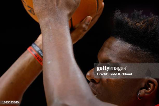 Clint Capela of the Atlanta Hawks warms up prior to the game against the Sacramento Kings at State Farm Arena on November 23, 2022 in Atlanta,...