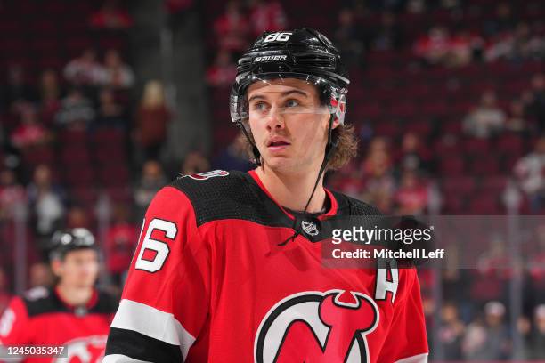 Jack Hughes of the New Jersey Devils looks on prior to the game against the Toronto Maple Leafs at the Prudential Center on November 23, 2022 in...