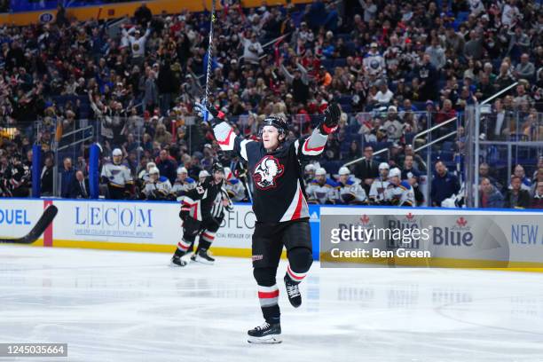 Jeff Skinner of the Buffalo Sabres celebrates after scoring a first period goal during an NHL game against the St. Louis Blues on November 23, 2022...