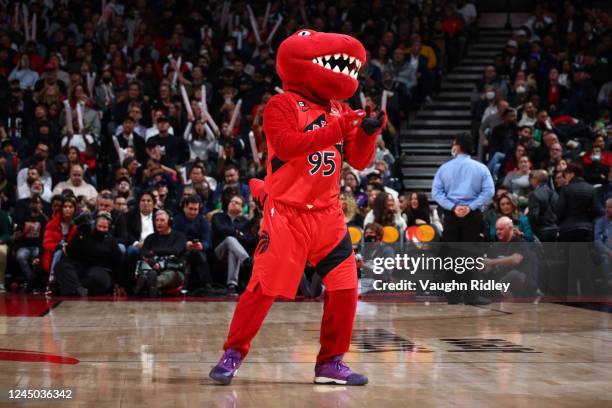 The Toronto Raptors mascot, The Raptor, looks on during the game against the Brooklyn Nets on November 23, 2022 at the Scotiabank Arena in Toronto,...