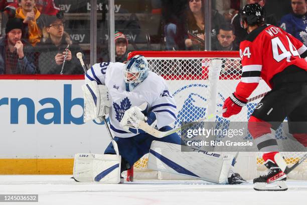 Matt Murray of the Toronto Maple Leafs defends his net during the second period of the game against the New Jersey Devils on November 23, 2022 at the...