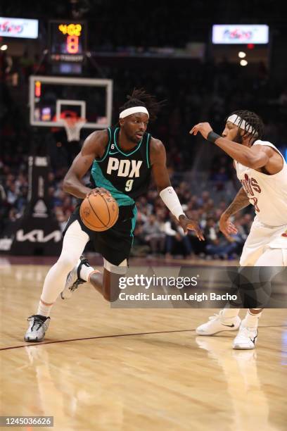 Jerami Grant of the Portland Trail Blazers dribbles the ball during the game against the Cleveland Cavaliers on November 23, 2022 at Rocket Mortgage...