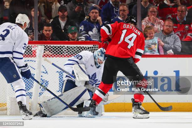 Matt Murray of the Toronto Maple Leafs defends his net during the second period of the game against the New Jersey Devils on November 23, 2022 at the...