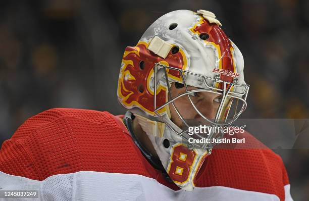 Dan Vladar of the Calgary Flames looks on in the second period during the game against the Pittsburgh Penguins at PPG PAINTS Arena on November 23,...