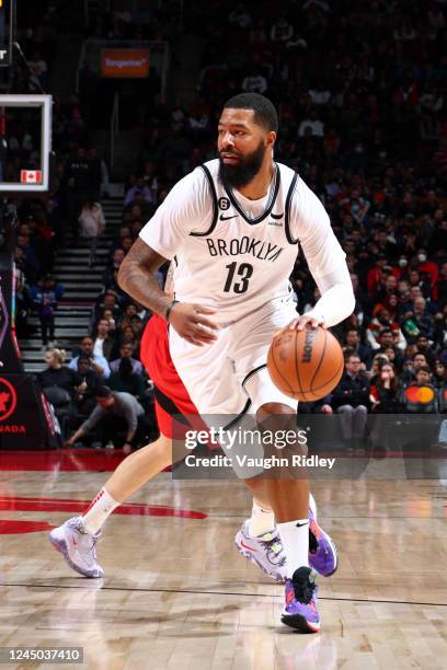 Markieff Morris of the Brooklyn Nets dribbles the ball during the game against the Toronto Raptors on November 23, 2022 at the Scotiabank Arena in...