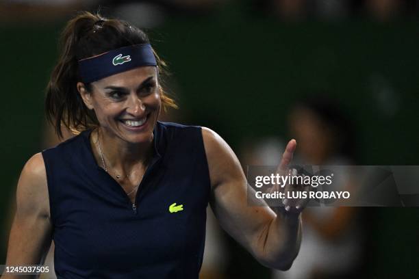 Argentine tennis player Gabriela Sabatini gestures during an exhibition double match with Spanish tennis player Rafael Nadal against Argentine tennis...