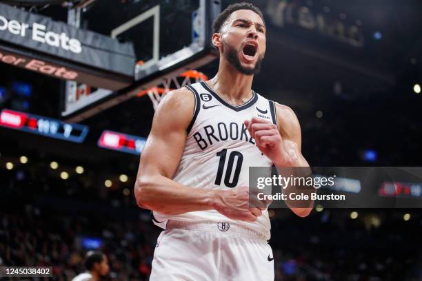 Ben Simmons of the Brooklyn Nets reacts after getting a block on Chris Boucher of the Toronto Raptors during the second half of their NBA game at...