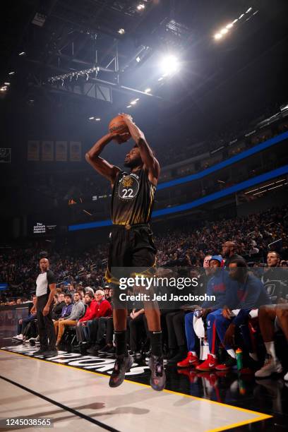 Andrew Wiggins of the Golden State Warriors shoots a three point basket during the game against the LA Clippers on November 23, 2022 at Chase Center...