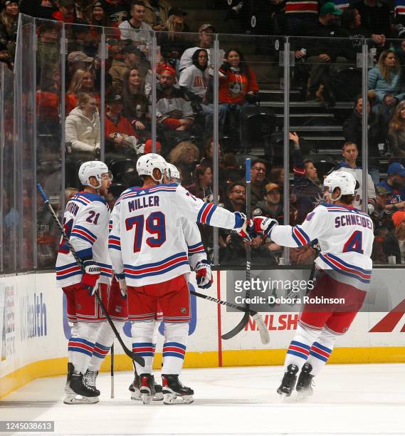 Barclay Goodrow of the New York Rangers celebrates his goal with teammates during the first period against the Anaheim Ducks at Honda Center on...