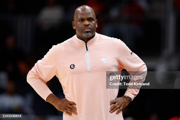 Head coach, Nate McMillan of the Atlanta Hawks looks on during the first half against the Sacramento Kings at State Farm Arena on November 23, 2022...