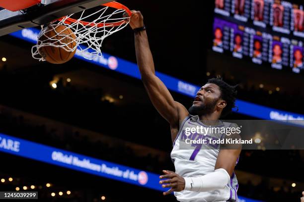 Chimezie Metu of the Sacramento Kings dunks during the first half against the Atlanta Hawks at State Farm Arena on November 23, 2022 in Atlanta,...