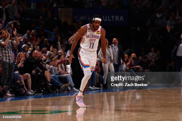 Isaiah Joe of the Oklahoma City Thunder celebrates during the game against the Denver Nuggets on November 23, 2022 at Paycom Arena in Oklahoma City,...