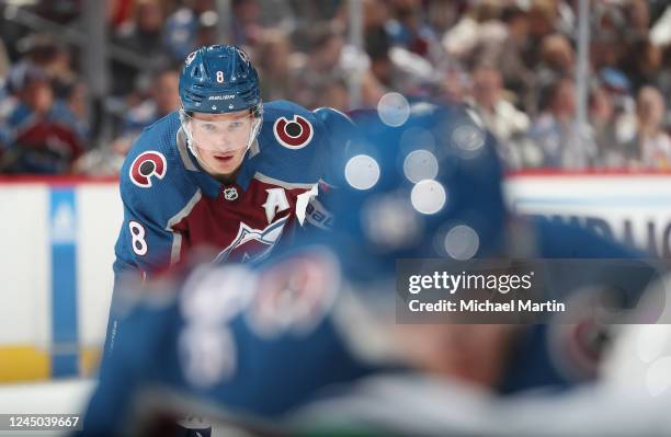 Cale Makar of the Colorado Avalanche awaits a face off against the Vancouver Canucks at Ball Arena on November 23, 2022 in Denver, Colorado.