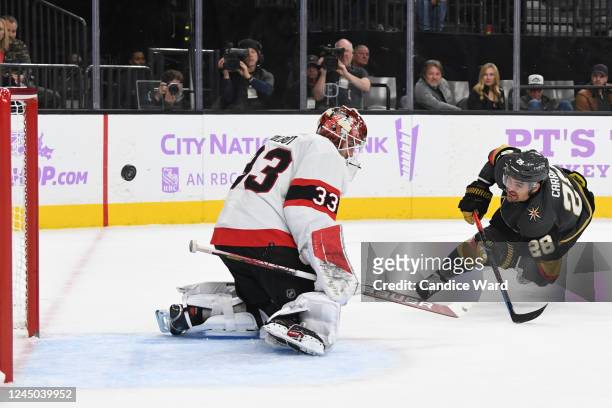 William Carrier of the Vegas Golden Knights scores on Cam Talbot of the Ottawa Senators during the second period of their game at T-Mobile Arena on...