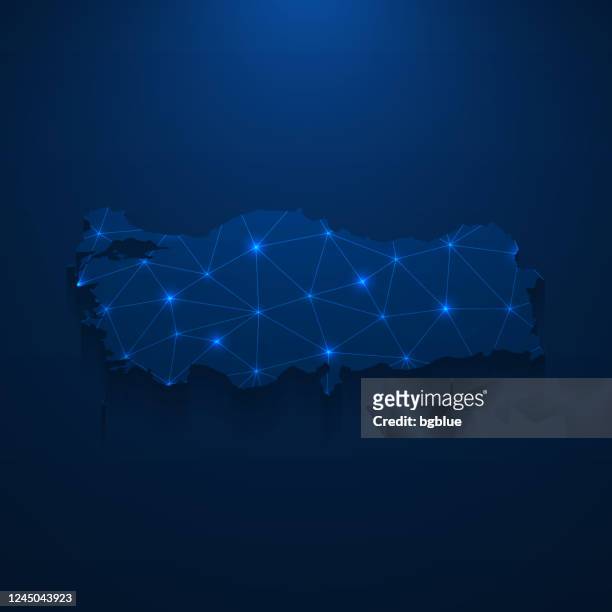 illustrazioni stock, clip art, cartoni animati e icone di tendenza di rete mappa turchia - mesh luminosa su sfondo blu scuro - turchia