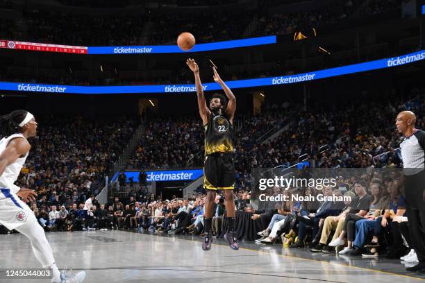 Andrew Wiggins of the Golden State Warriors shoots a three point basket during the game against the LA Clippers on November 23, 2022 at Chase Center...