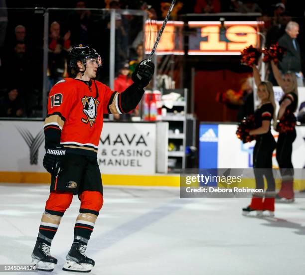 Troy Terry of the Anaheim Ducks celebrates after being named Player of the game after their victory against the New York Rangers at Honda Center on...