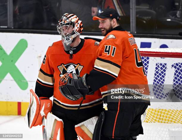 Anaheim Ducks starting Goalie John Gibson on the ice with Goalie Anthony Stolarz after the Ducks defeated the New York Rangers 3 to 2 in an NHL...