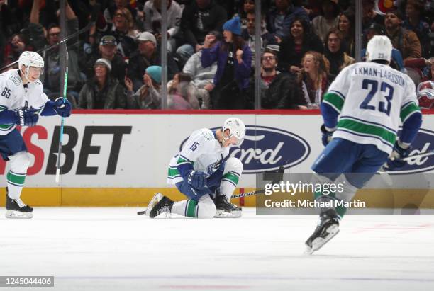 Sheldon Dries of the Vancouver Canucks celebrates a goal against the Colorado Avalanche at Ball Arena on November 23, 2022 in Denver, Colorado.
